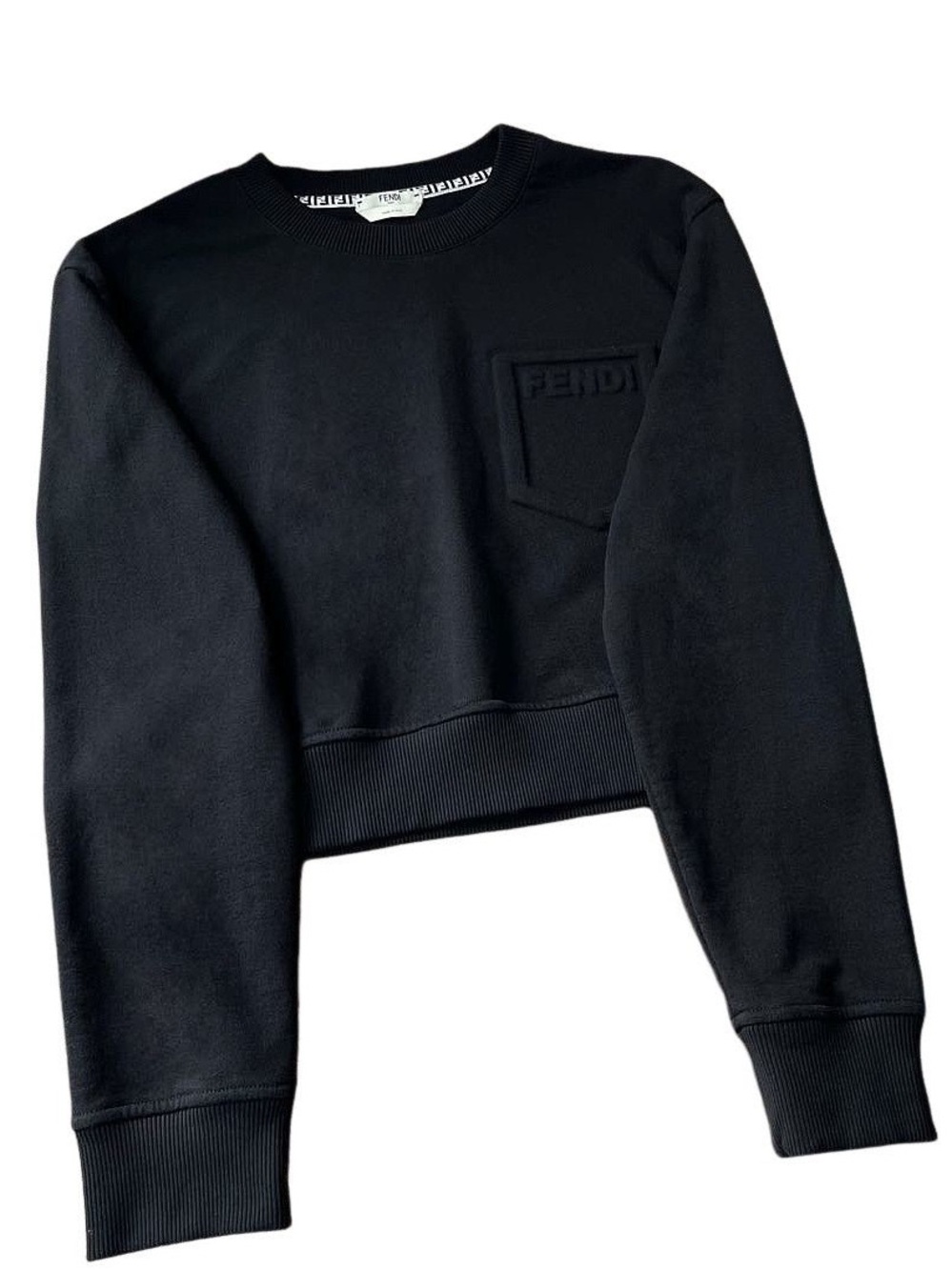 Fendi Black Embossed Logo Cropped Crewneck Sweater